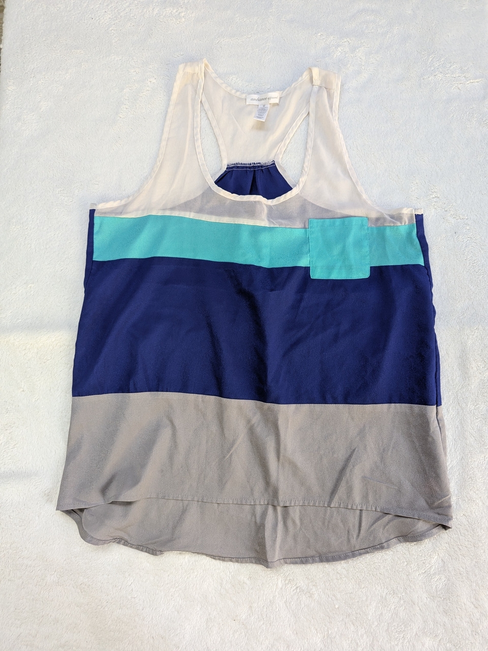 Women's Medium Ambiance Colorblock Racerback Tank in White Navy Gray Aqua Stripe